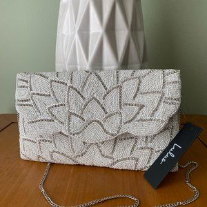 NWT Lulus Delicate Beauty White Beaded Rhinestone Scalloped Clutch Purse